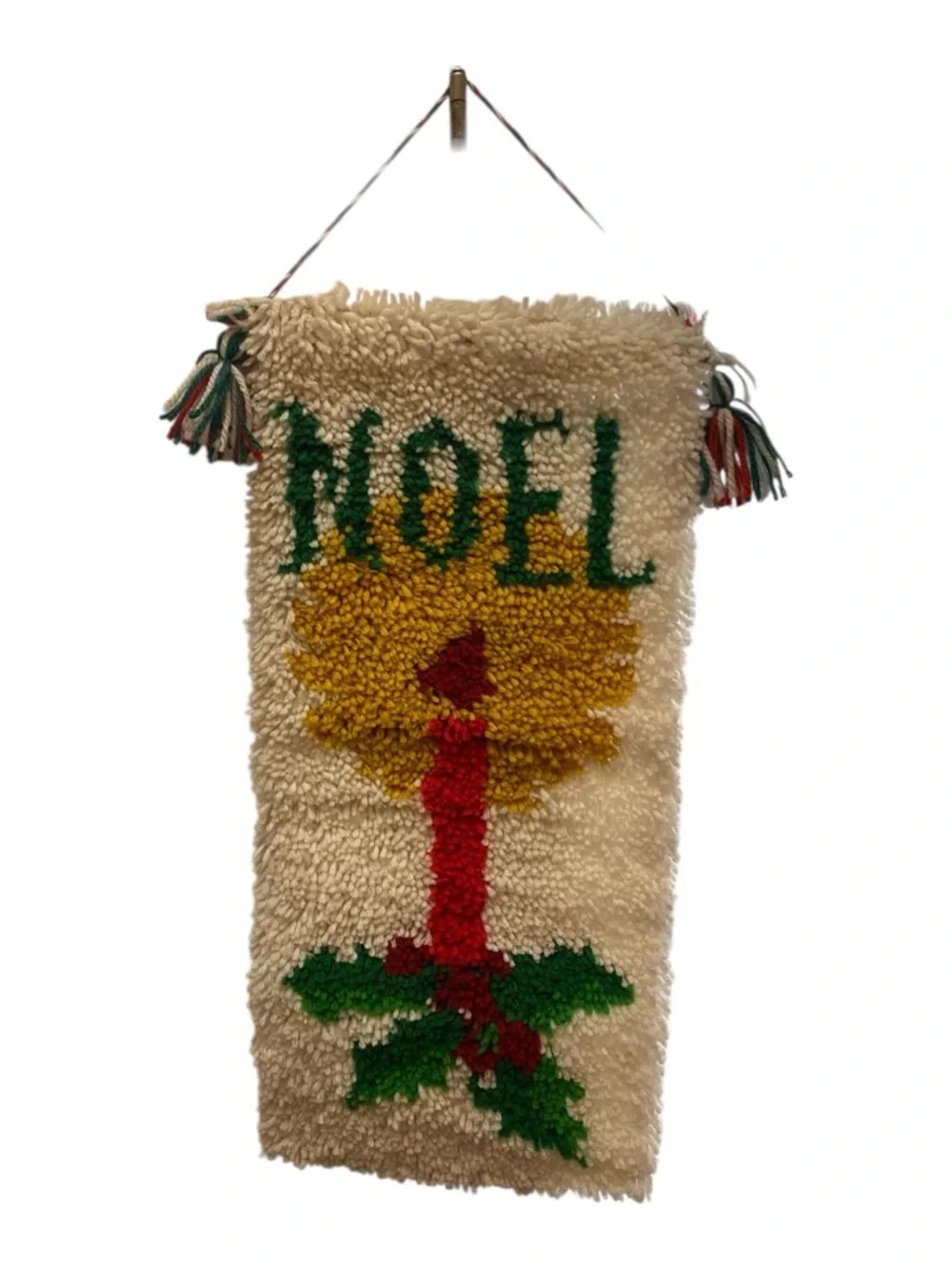 Vintage Latch Hook Crewel Christmas Noel Wall Art Hanging 70s/80s Boho Mod Style